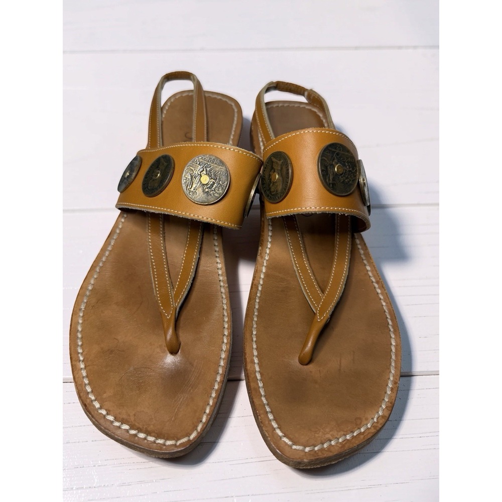 VTG Joan & David Women's Sz 8 Tan Leather Italian Coin Thong Sandal Flats Italy